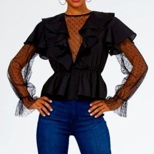 Black Crepe Ruffle Mesh Top